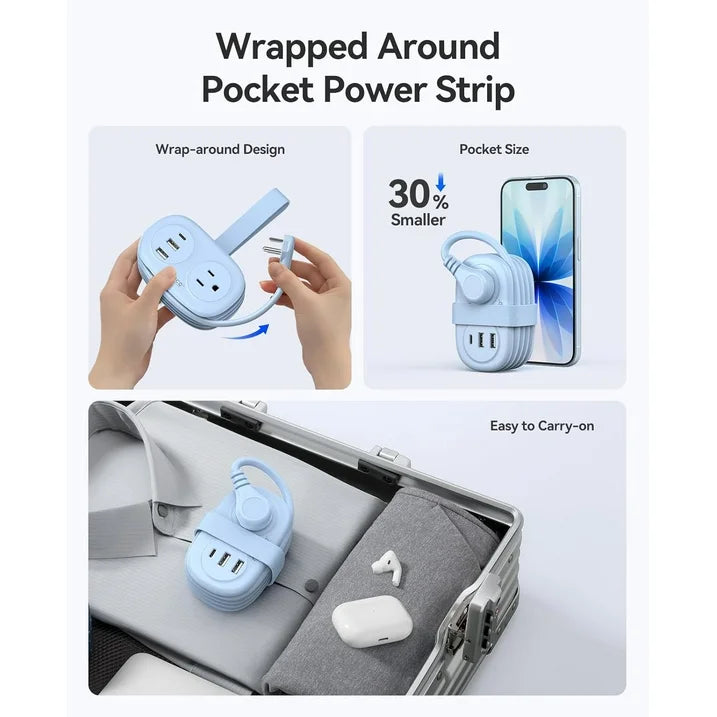 5-in-1 Compact Travel Power Strip, Cruise Ship Approved with 2 AC Outlets & 2 USB Ports (1 USB-C Charge), 3.7ft Cord - Ultra-Portable for Cruise, Hotel, Dorm,Office(Blue)
