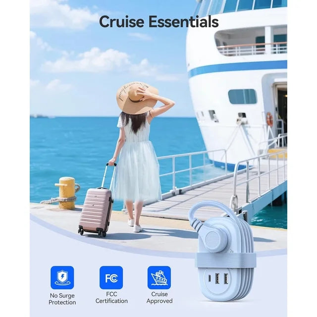 5-in-1 Compact Travel Power Strip, Cruise Ship Approved with 2 AC Outlets & 2 USB Ports (1 USB-C Charge), 3.7ft Cord - Ultra-Portable for Cruise, Hotel, Dorm,Office(Blue)