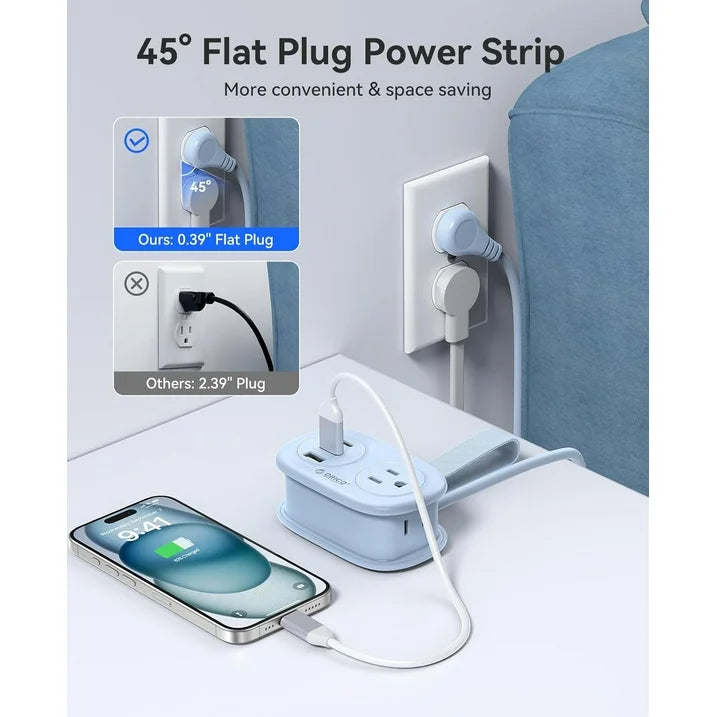 5-in-1 Compact Travel Power Strip, Cruise Ship Approved with 2 AC Outlets & 2 USB Ports (1 USB-C Charge), 3.7ft Cord - Ultra-Portable for Cruise, Hotel, Dorm,Office(Blue)