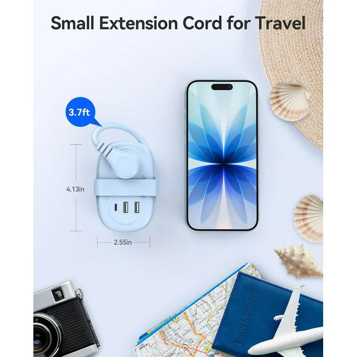 5-in-1 Compact Travel Power Strip, Cruise Ship Approved with 2 AC Outlets & 2 USB Ports (1 USB-C Charge), 3.7ft Cord - Ultra-Portable for Cruise, Hotel, Dorm,Office(Blue)